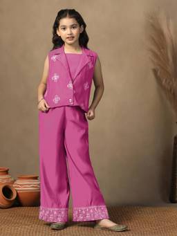 FASHION DREAM - Girls Gajari Silk Blend Solid Crop Top and Palazzo with Jacket