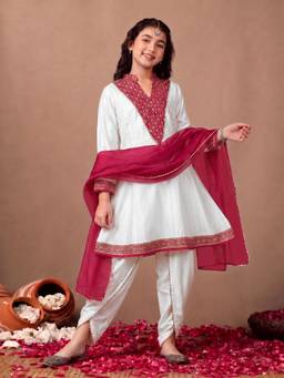 FASHION DREAM - Girls Maroon Silk Embroidered Anarkali Kurta and Dhoti with Dupatta