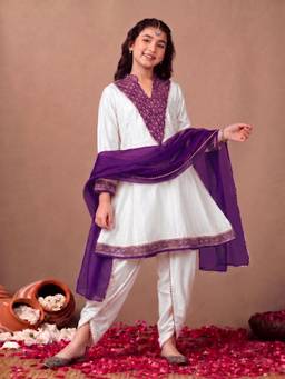 FASHION DREAM - Girls Purple Silk Embroidered Anarkali Kurta and Dhoti with Dupatta