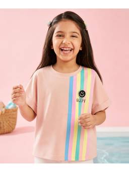 devils n angels - Girls Peach Multicolor Striped Birthday T-shirt