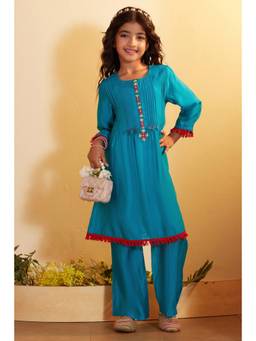 Biba - Girls Teal Polyester A Line Kurta and Palazzo