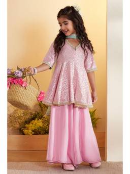 Biba - Girls Pink Polyester Peplum Kurta and Sharara with Dupatta