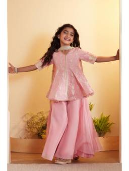 Biba - Girls Pink Viscose Rayon Front Open Kurta and Palazzo with Dupatta