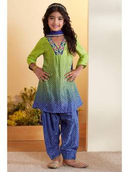 Biba - Girls Green Viscose Rayon Straight Kurta and Salwar with Dupatta