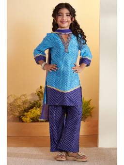 Biba - Girls Blue Viscose Rayon Straight Kurta and Palazzo with Dupatta
