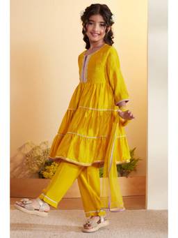 Biba - Girls Yellow Viscose Silk Tiered Anarkali Kurta and Pant with Dupatta