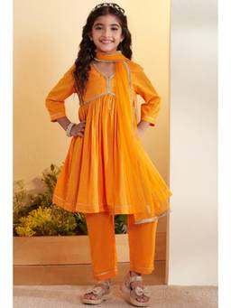 Biba - Girls Orange Cotton Anarkali Kurta and Pant with Dupatta