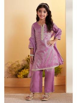 Biba - Girls Purple Cotton Straight Kurta and Pant with Dupatta