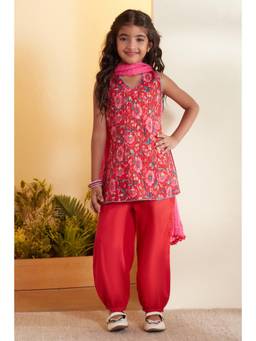 Biba - Girls Red Cotton Printed Kurta and Pant with Dupatta