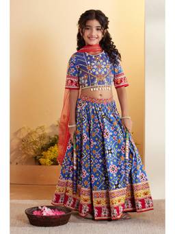Biba - Girls Blue Cotton Kalidar Lehenga and Blouse with Dupatta