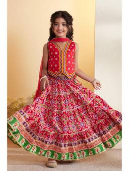 Biba - Girls Red Cotton Tiered Lehenga and Top with Dupatta