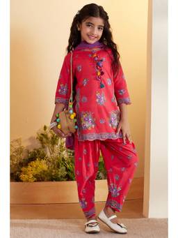 Biba - Girls Red Cotton Straight Kurta and Salwar with Dupatta
