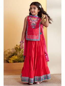 Biba - Girls Red Cotton Tiered Lehenga and Top with Dupatta