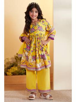 Biba - Girls Yellow Cotton Anarkali Kurta and Pant with Dupatta
