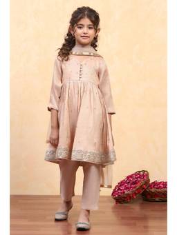 Biba - Girls Peach Cotton Sequinned Anarkali Kurta and Pant with Dupatta