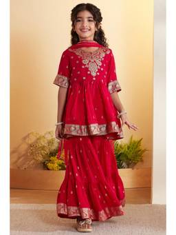 Biba - Girls Red Polyester Straight Kurta and Sharara with Dupatta