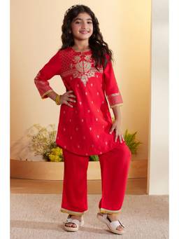 Biba - Girls Red Polyester Straight Kurta and Pant