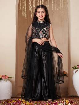 FASHION DREAM - Girls Black Silk Floral Embroidered Top and Palazzo with Net Dupatta
