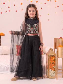 FASHION DREAM - Girls Black Silk Floral Embroidered Top and Palazzo with Net Dupatta