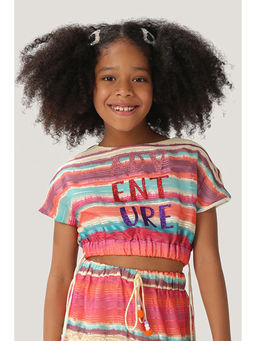 One Friday - Girls Round Neck White Printed Crop Top