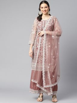 Readiprint - Semi-Stitched Straight Style Net Fabric Mauve Kurta with Bottom & Dupatta (Set of 3)