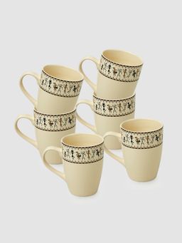 ExclusiveLane - Whispers Of Warli Handcrafted Printed Ceramic Tea Cups Coffee Mugs -Set Of 6