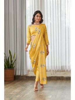 Pasha India - Kesar Yellow Dhoti Style Pre-Draped Saree with Stitched Blouse