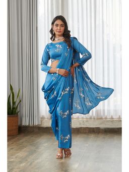 Pasha India - Indra Blue Dhoti Style Pre-Draped Saree with Stitched Blouse