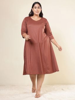 Amydus - Plus Size Brown A Line Snugweave Winter Midi Dress