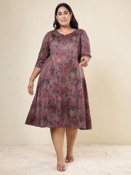 Amydus - Plus Size Maroon Paisley Snugweave Winter Midi Dress