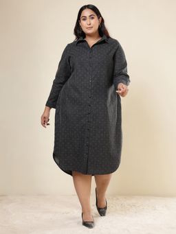 Amydus - Plus Size Ash Black Denim Cotton Midi Dress