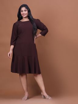 Curvy Lane - Plus Size Brown Solid Sheath Midi Dress