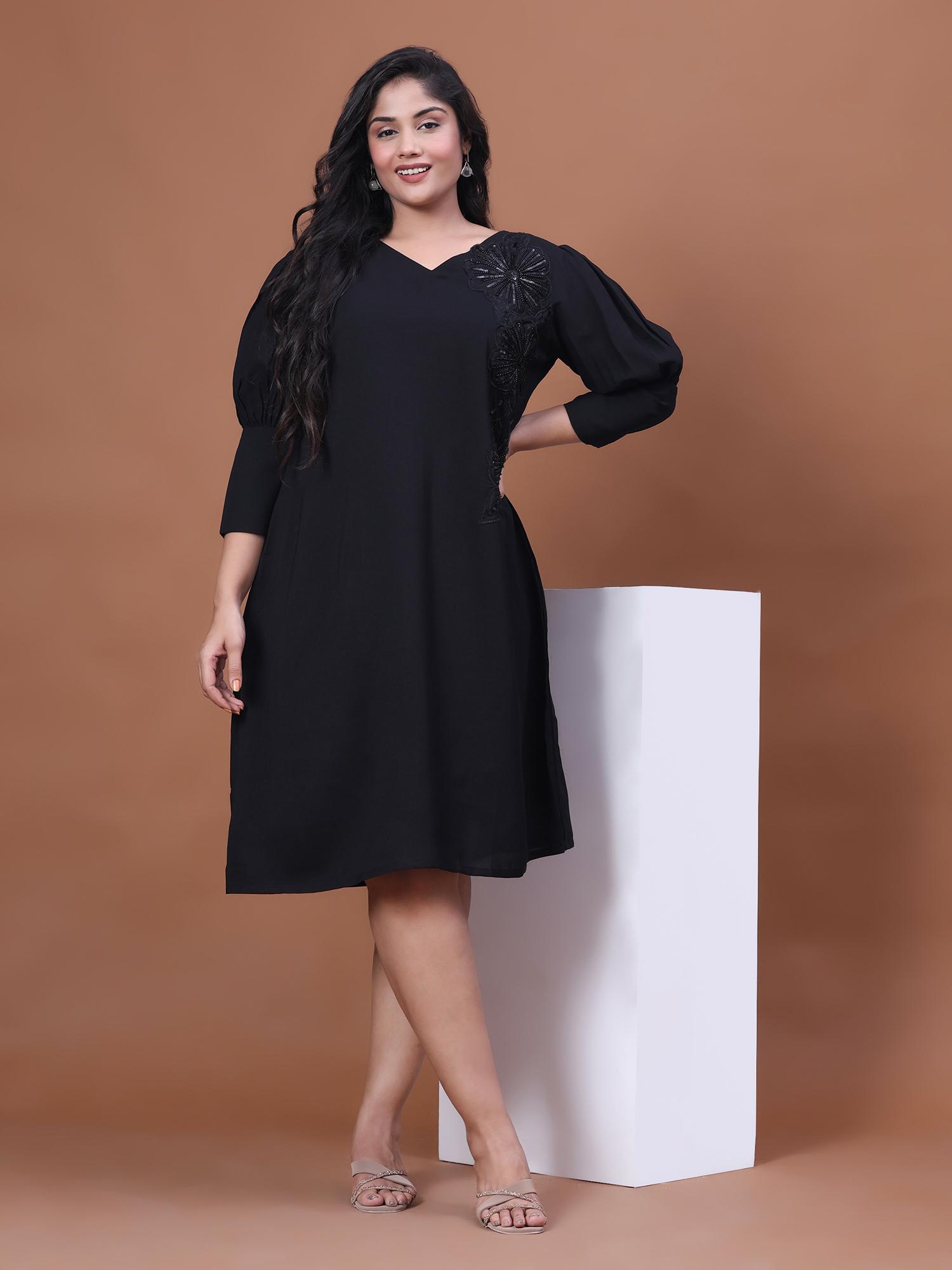 Plus Size Puff Sleeve A-Line Dress-image-5