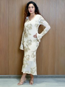 Odette - Off White Net and Satin Solid Midi Dress for Women