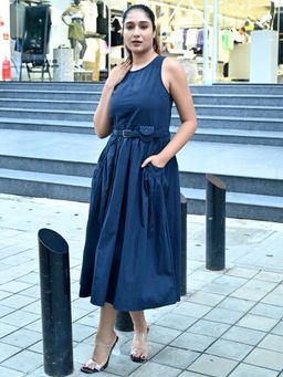 Odette - Blue Cotton Rib Solid Midi Dress with Belt for Women