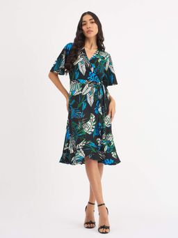 SALT Attire - Mitsy-Black Tropical Printed Knee Dress