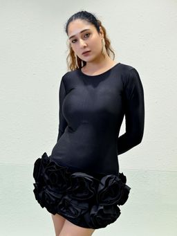 Odette - Black Polyester Solid Mini Dress for Women