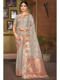 Sangam Prints - Grey Silk Woven Zari Work Traditional Tassel Saree with Unstitched Blouse