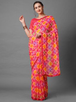 Akhilam - Pink & Yellow Casual Chiffon Printed Saree with Unstitched