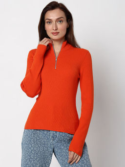 VERO MODA - Orange High Neck Zipper Pullover