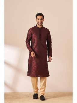 Manyavar - Wine Art Silk Self Design Kurta and Churidar (Set of 2)