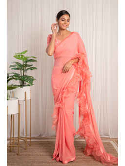 Label Kanupriya - Vintage Pink Ruffle Saree With Velvet Blouse