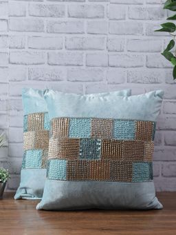 Eyda - Velvet Aqua Color Beaded Cushion Cover Set Of 2-18X18 Inchs