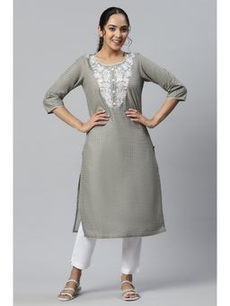 Aurelia - Grey Polka Dots & Embroidered Round Neck Ethnic Kurta