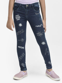 CRIMSOUNE CLUB - Girls Navy Blue Printed Jeans