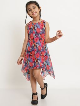 Creative Kids - Girls Red & Blue Floral Print A-line Dress