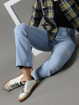 SHOWOFF - Womens Mildly Distressed Bootcut Blue Denim Jeans