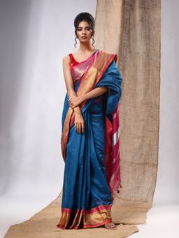 CHARUKRITI - Teal Blue Cotton Silk Handwoven Saree with Stripes Pallu & Unstitched Blouse