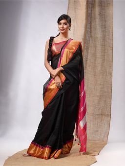 CHARUKRITI - Black Cotton Silk Handwoven Saree with Stripes Pallu & Unstitched Blouse