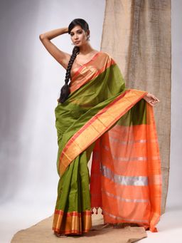 CHARUKRITI - Sap Green Cotton Silk Handwoven Saree with Stripes Pallu & Unstitched Blouse